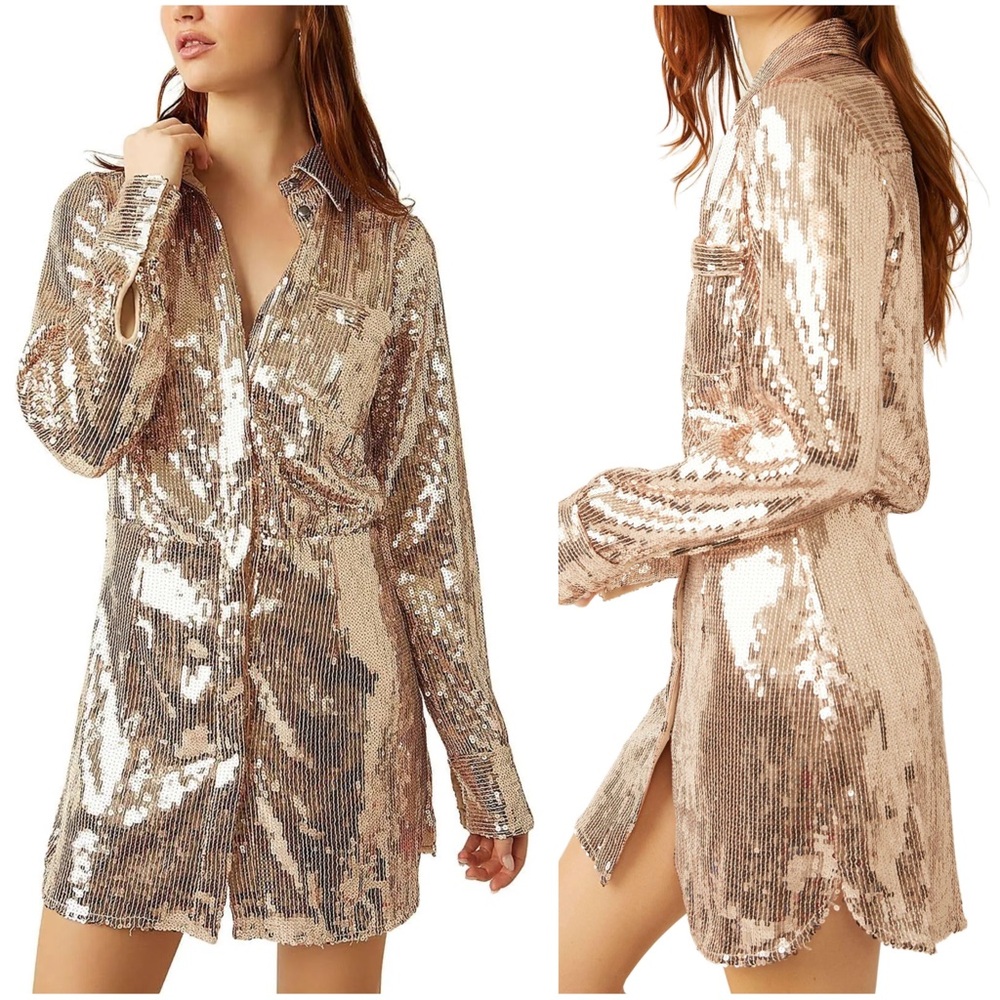 Free People NWT Sophie Sequin Long Sleeve Shirt Mini Dress in Champagne
